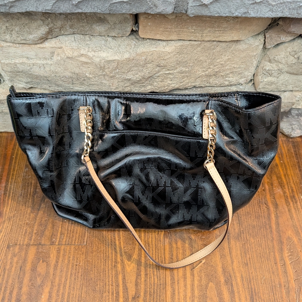 Michael Kors Black Patent Logo Tote with Gold Chain Straps